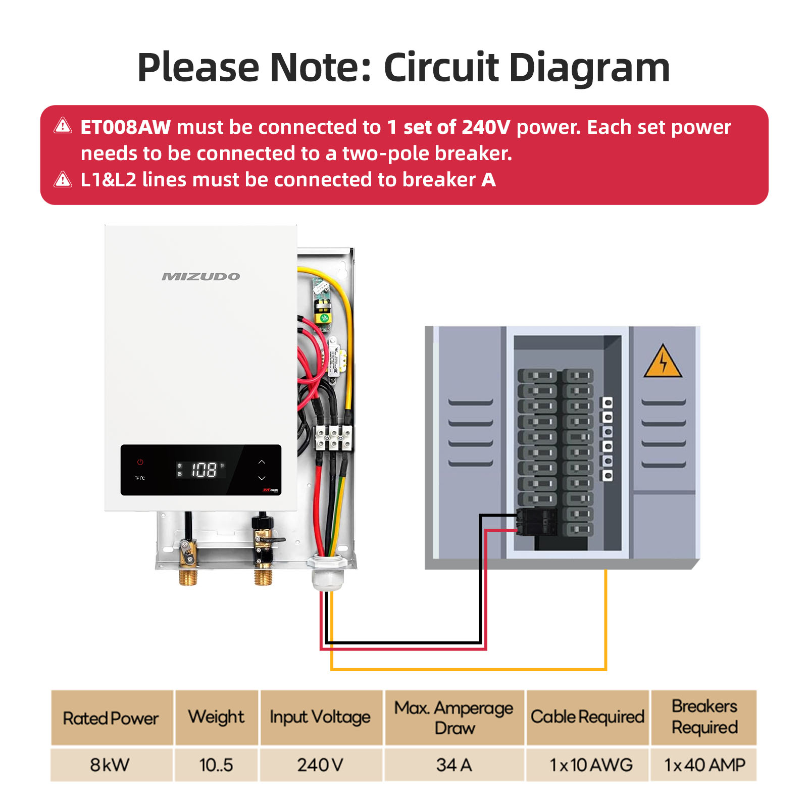 Mizudo EQUIK Classic 8 kW 1.5 GPM 240-Volt Touch Screen Point of Use Electric Tankless Water Heater