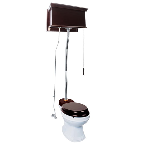 Dark Oak High Tank Pull Chain Toilet Round White Porcelain Bowl Satin Z Pipe Adjustable H 59"- 74" Renovator's Supply