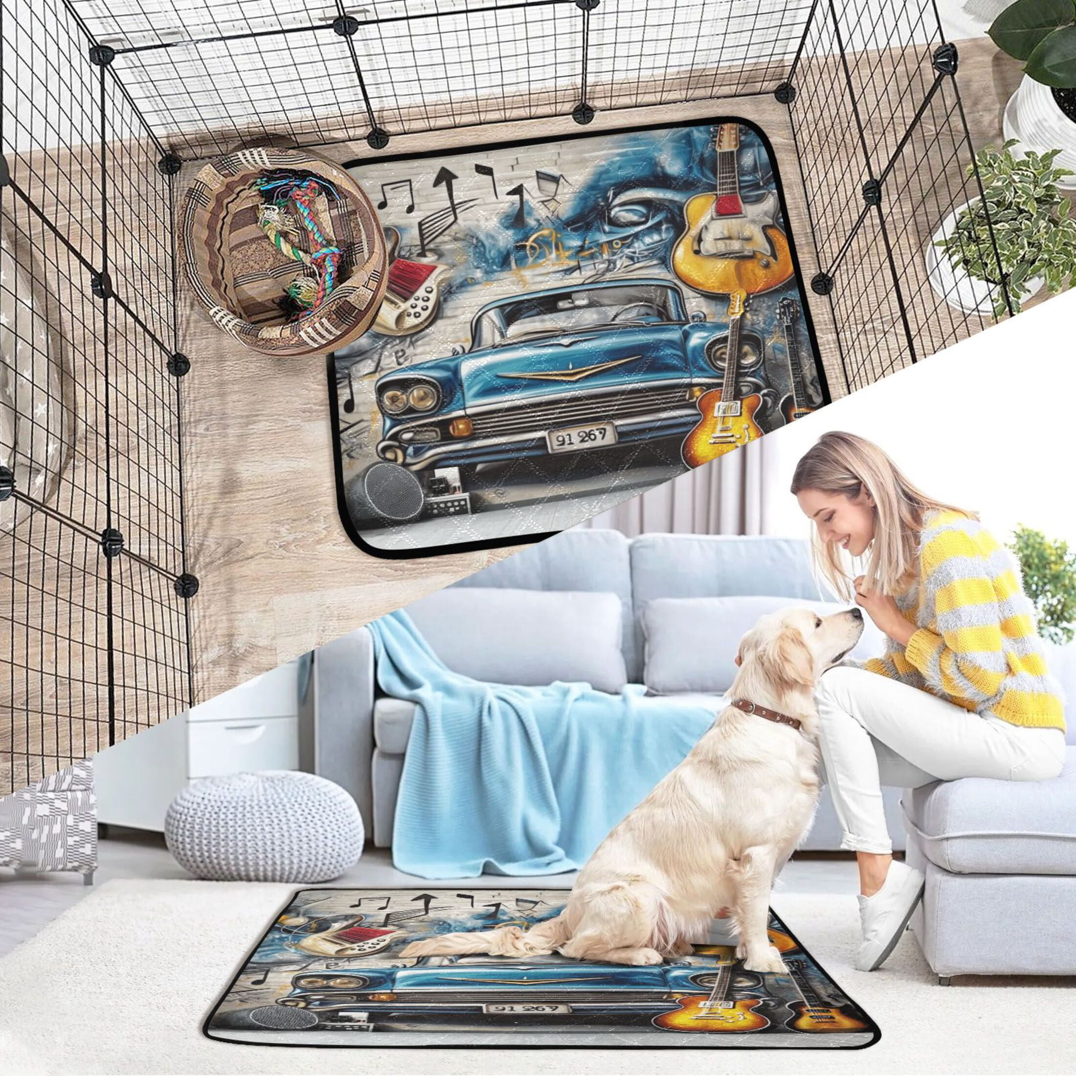 Washable Pet Pee Pads with Super Absorbent Reusable Training Pads for Dogs & Cats Guitar and A Classic Car