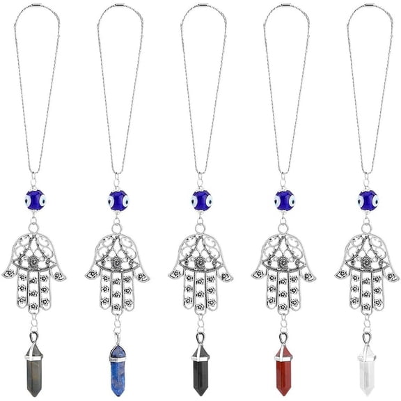 5Pcs 5 Syles Hanging Ornaments Hamsa Hand Pendants with Colorful Gemstone Charms Hanging Decorative Accessories with Bead for Window Car Door Frame Decorations Silver & Platinum