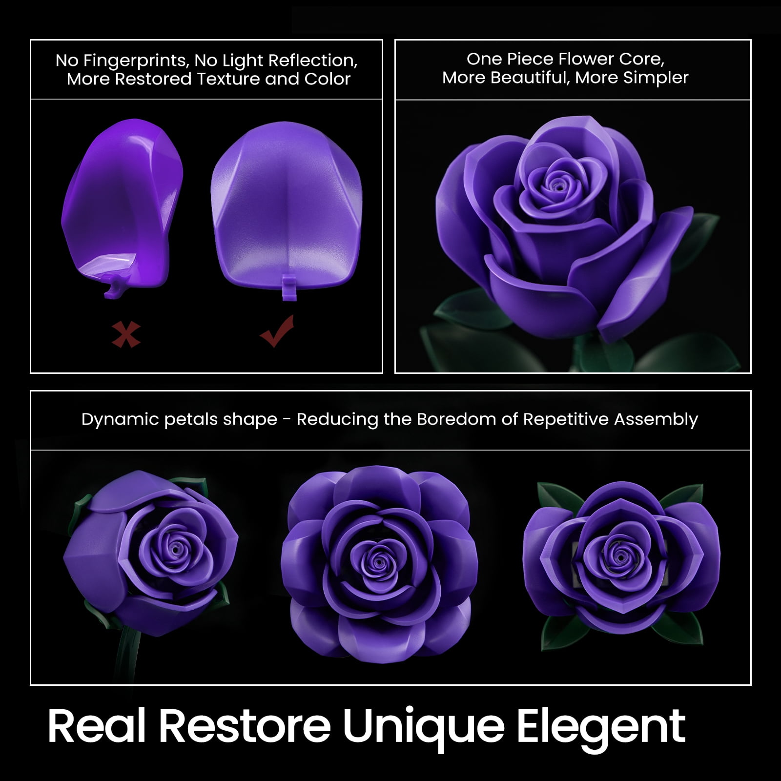 Purple Rose Bouquet Building Set, Purple Flowers for Adults Women, Botanical Collection Gift for Halloween & Valentines - Artificial Plant Gothic Home Decor