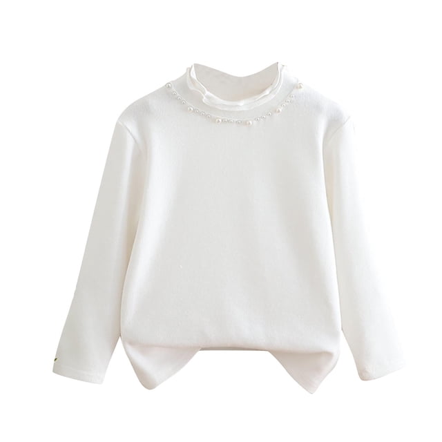 MeetoTime Children's Base Shirt Half High Neck White Floral Long Sleeved Round Neck Top Kids Spring Fall Clothes