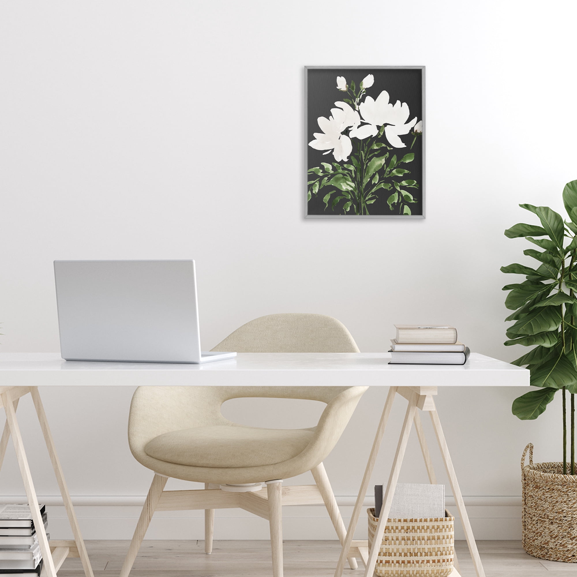 Stupell Industries White On Black Floral Gray Framed Giclee Art, design by Lucille Price