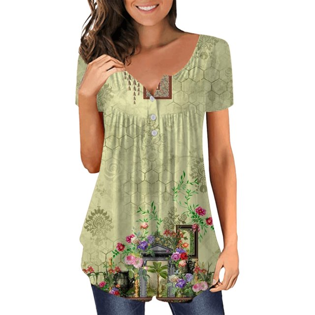 Gibobby Playera Manga Corta para Mujer Camiseta verano para mujer, camiseta informal con cuello en V, manga corta, con botones(Verde de menta,M)