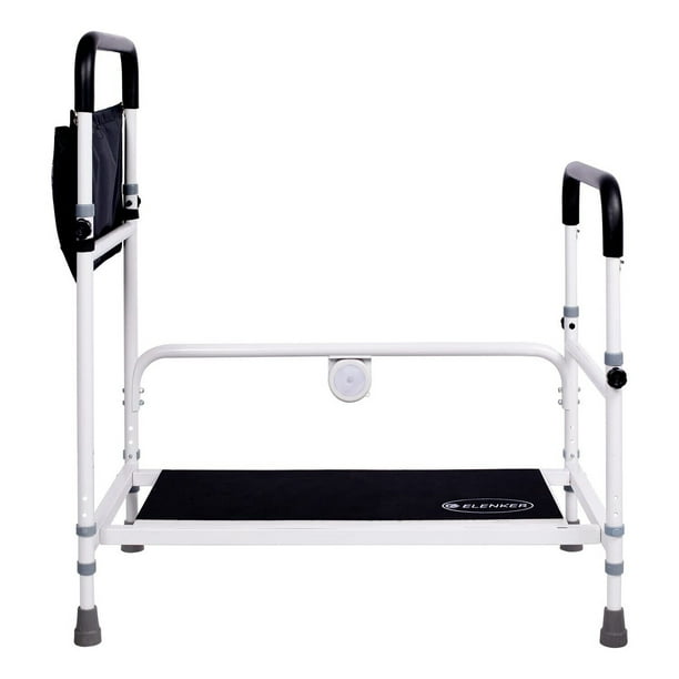 ELENKER Adjustable Height Bed Step Stool, Bed Assist Bar with Storage