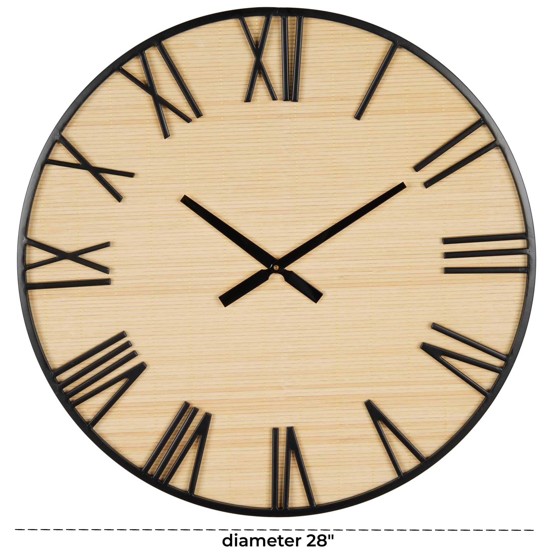 DecMode 28" Light Brown Wooden Wall Clock with Black Metal Numbers and Frame