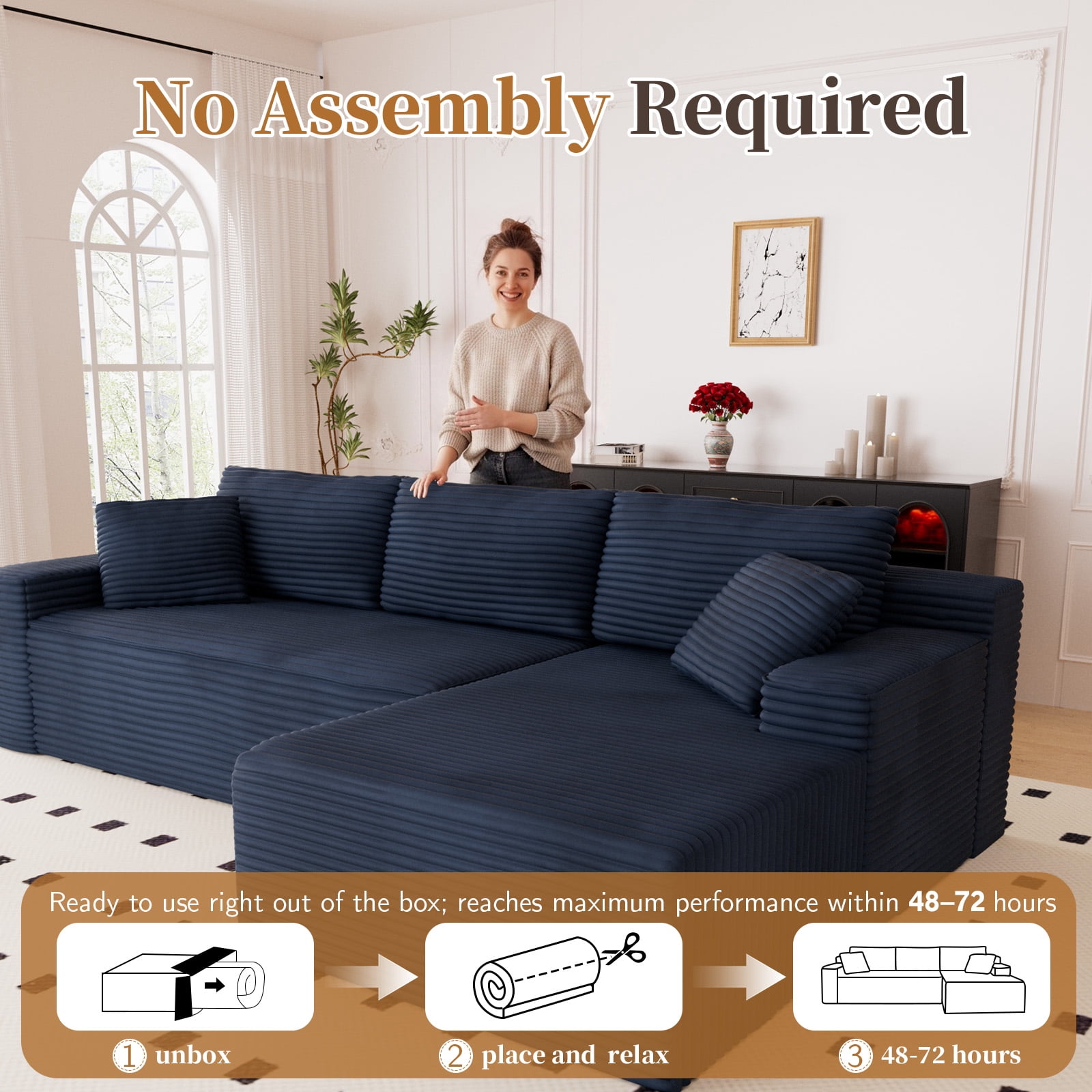 Lunale 105" Modular L-Shaped Sectional Sofa, Boneless Cloud Couch, No Assembly Required, Modern Deep Seat Corduroy Sofa for Living Room, Blue (Right Facing Chaise)