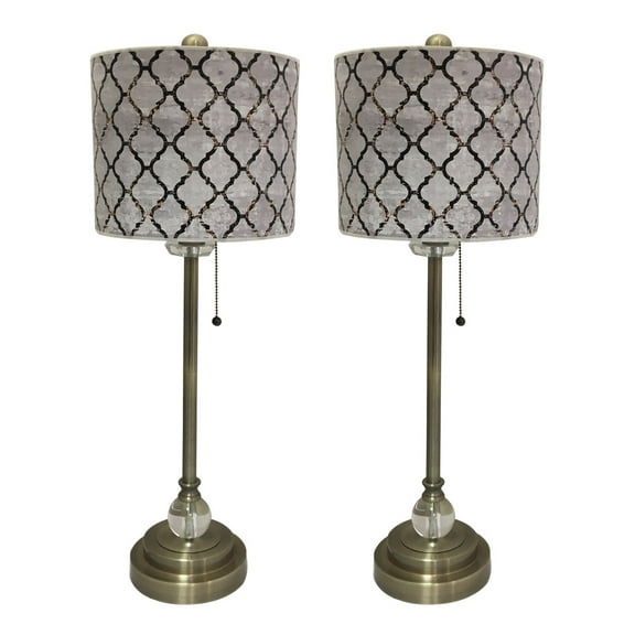 Royal Designs 28" Crystal and Antique Brass Buffet Lamp with Moroccan Tile Textured Design Hardback Lamp Shade, Set of 2