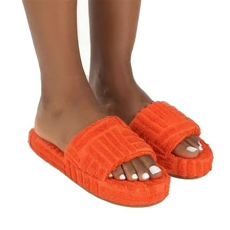 

Terry Towelling Slider Slippers for Women Girls Slip-on Plush Shoes Household Winter Supply Orange 43
