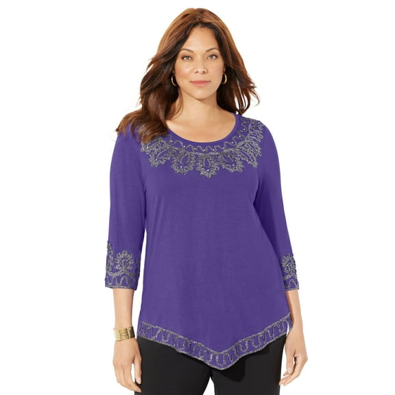 Catherines Women's Plus Size Pointed Hem Embroidered Top