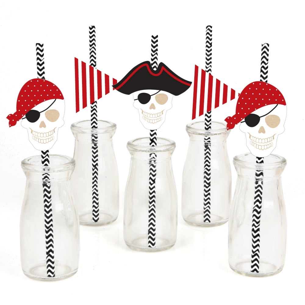 Big Dot of Happiness Beware of Pirates Paper Straw Decor - Pirate Birthday Party Striped Decorative Straws - Set of 24