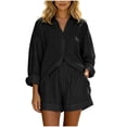 thumbnail image 2 of Cagogo Women's 2 Piece Striped Casual Set V Neck Long Sleeve Top Elastic Waisted Shorts Summer Outfits Lounge Travel Clothes Matching Two Piece, Black L, 2 of 5