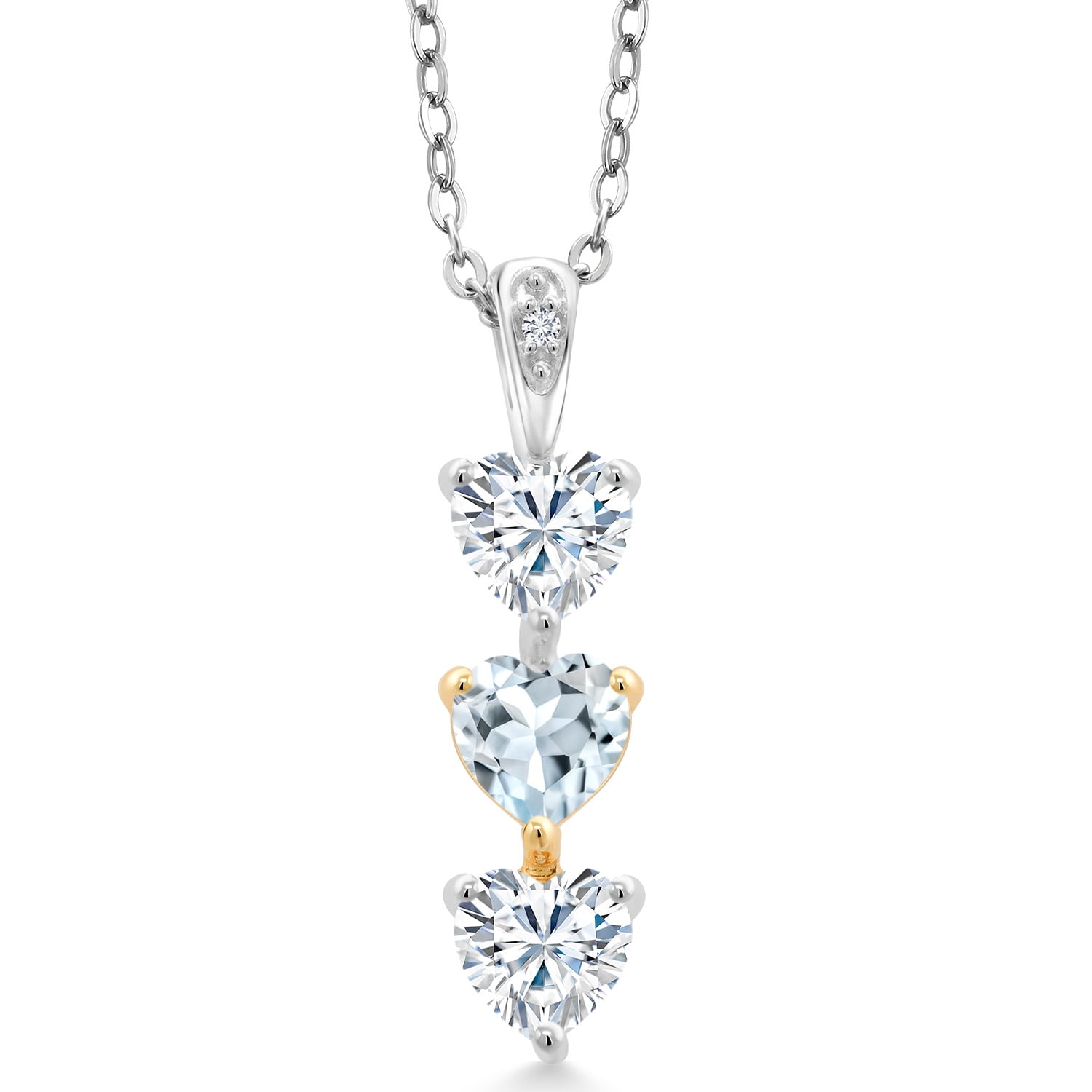 Gem Stone King Keren Hanan 925 Silver & 10K Yellow Gold Sky Blue Aquamarine Moissanite and Lab Grown Diamond 3 Stone Heart Shape Pendant Necklace (1.26 Cttw, With 18 inch Chain)