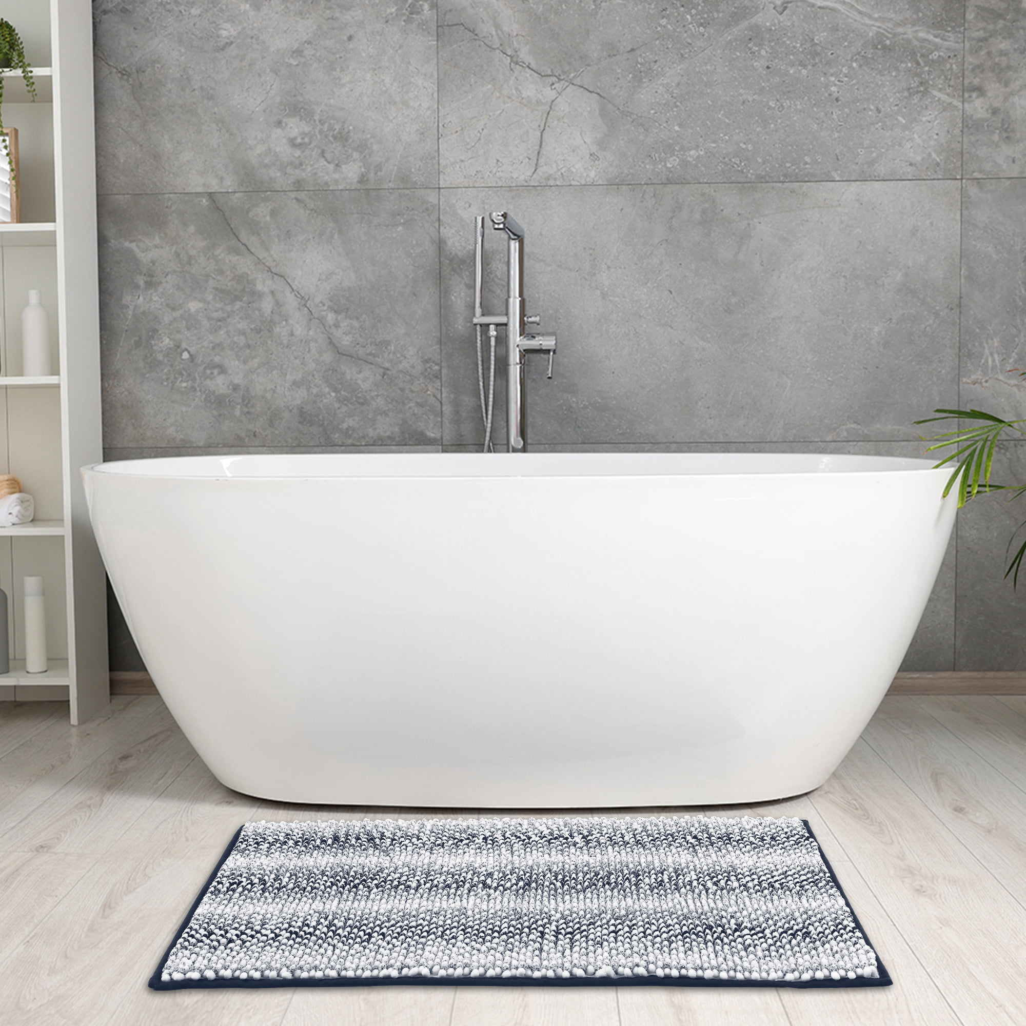 Unique Bargains Chenille Bathroom Rug Absorbent Non-Slip Striped Plush Shaggy Bath Rugs Dark Blue 20" x 32"