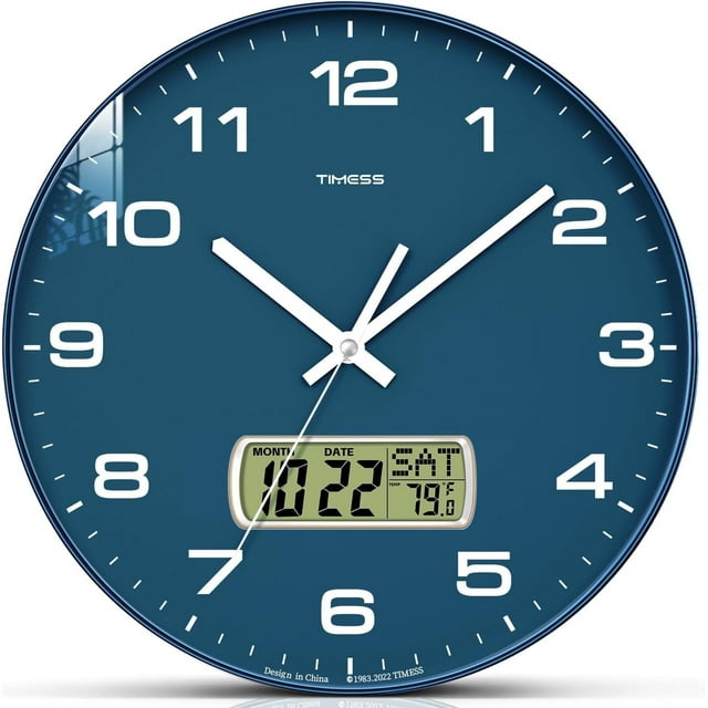 TIMESS 14" Reloj de Pared Analógico con Pantalla de Fecha, Reloj Moderno a Batería para Sala de Estar (Azul)