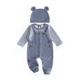 thumbnail image 2 of Cjfdfy Newborn Baby Boy Fall Outfit Mock Two-piece Overalls Romper Stripe Waffle Knitted Long Sleeve Bodysuit Hat Two Piece Set Infant Cute Coming Home Fall Winter Outfit, 2 of 10