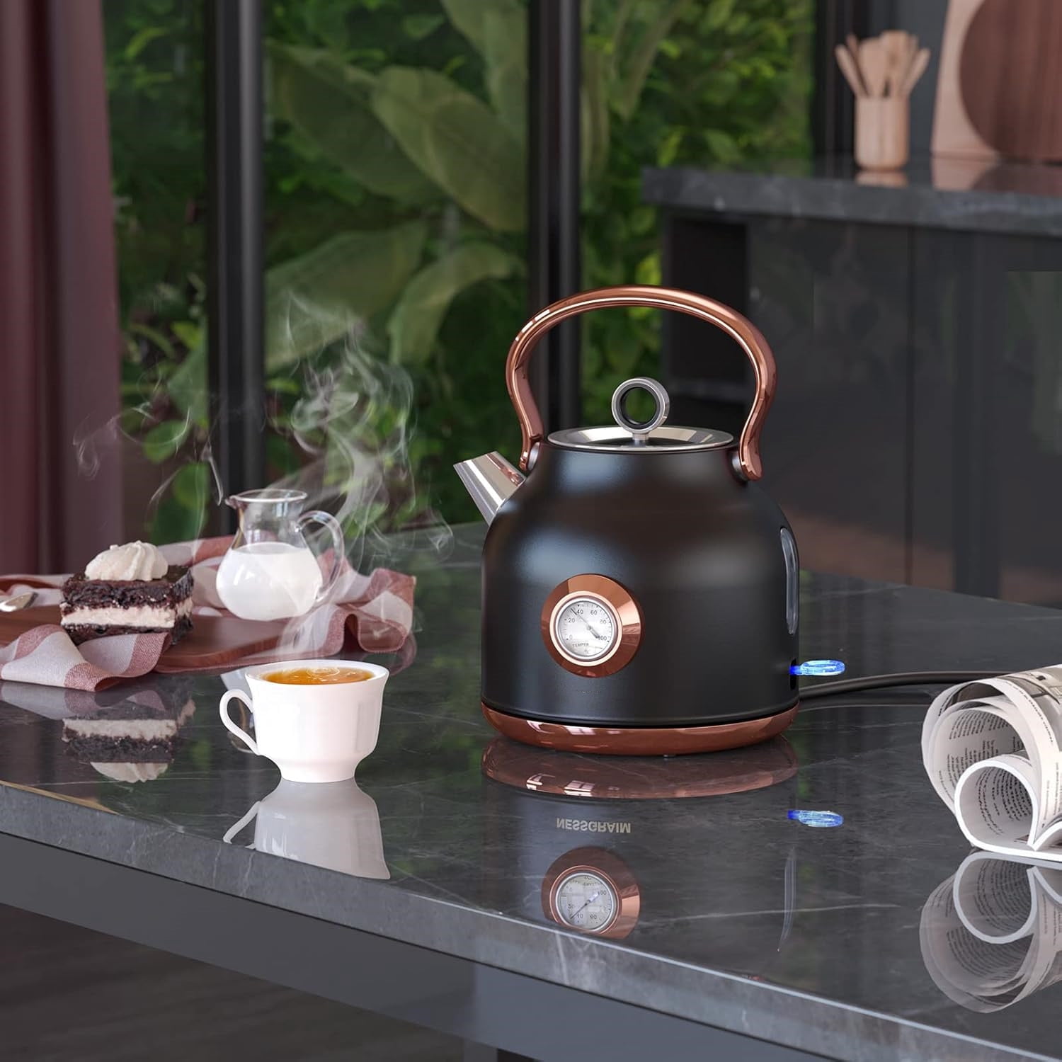 Retro Electric Kettle, 1.7L Stainless Steel Tea Kettle with Large Temperature Gauge, 1500W Fast Heating Hot Water Boiler with LED Indicator, Auto Shut-off & Boil-Dry Protection Black
