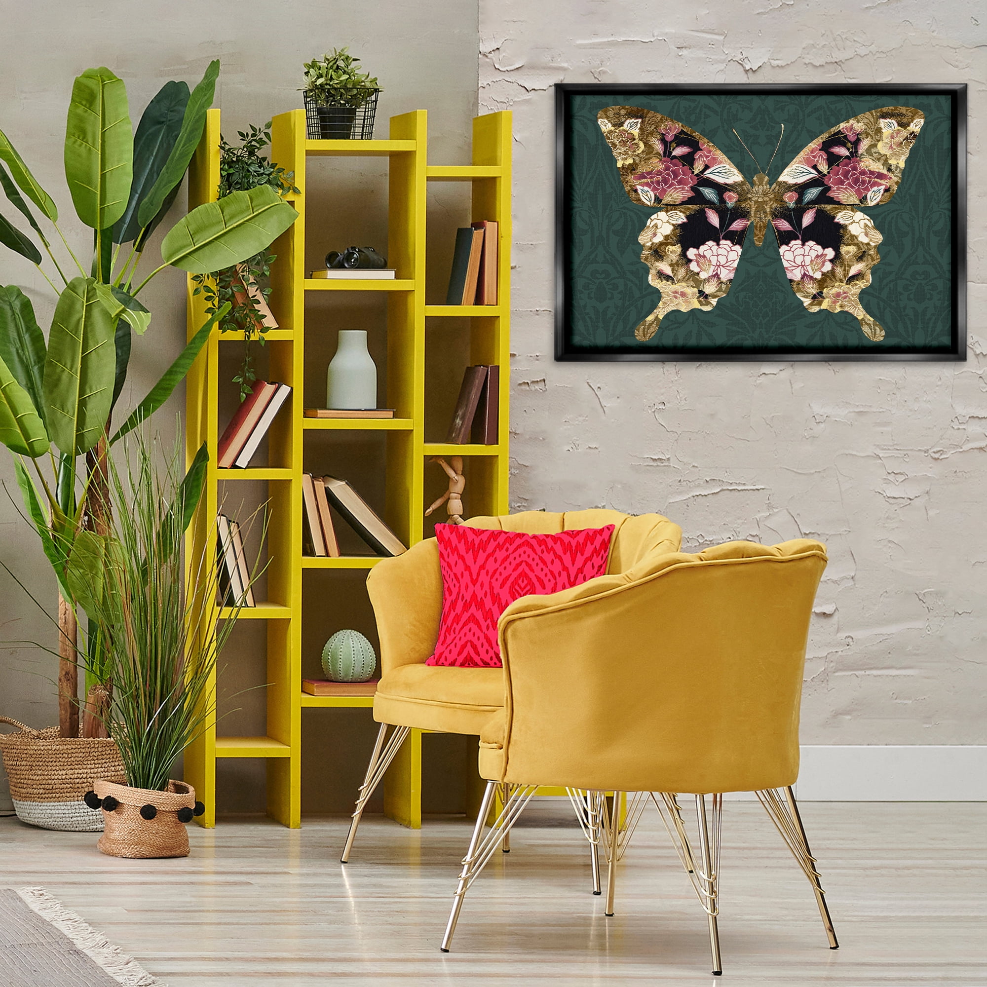 Stupell Industries Rococo Butterfly Pattern Animals Painting Black Floater Framed Canvas Art Print Wall Art, 31 x 21