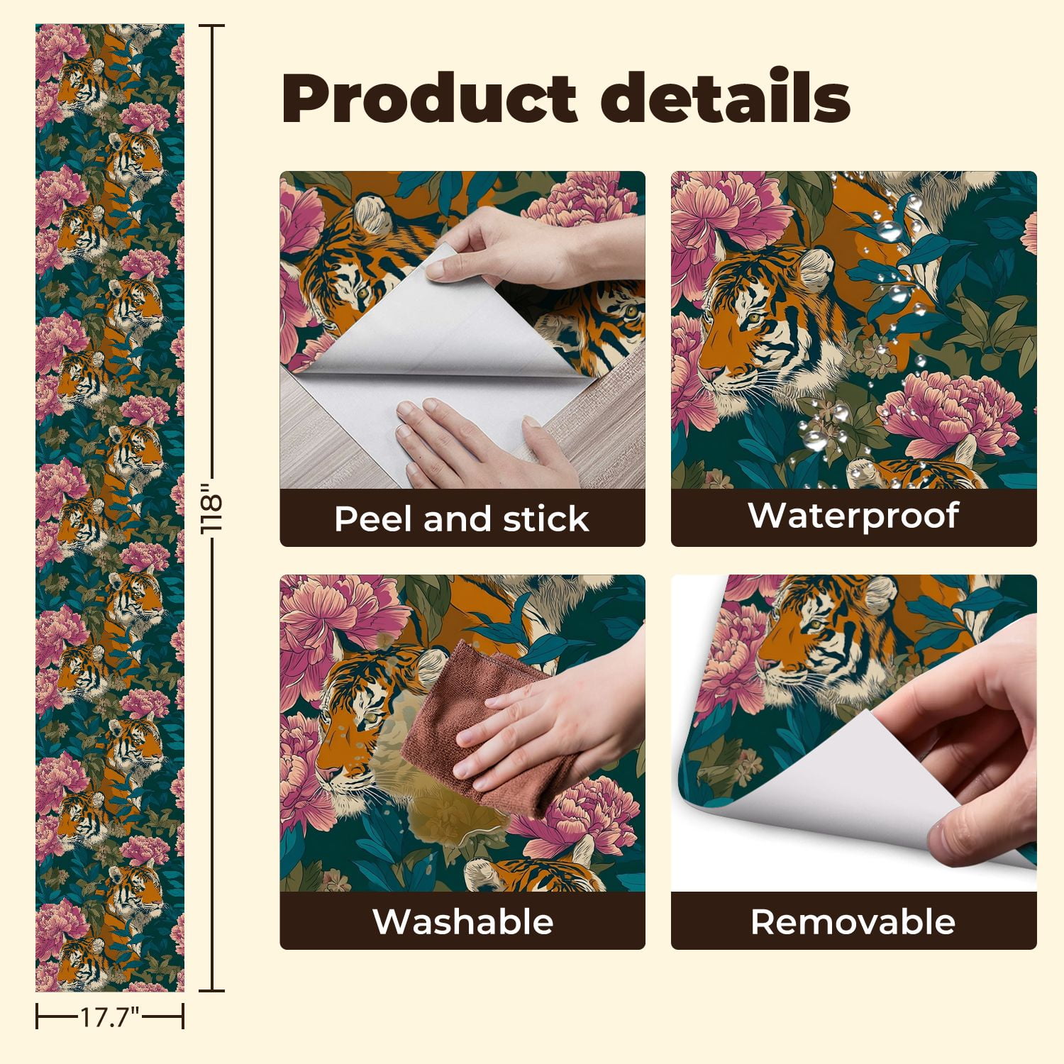 Peel and Stick Wallpaper 17.7in x 9.8ft Tiger Peony Floral Jungle Dark Teal Contact Paper Vinyl Self-Adhesive Removable Wall Paper for Bedroom DIY Home Decor Renter Friendly