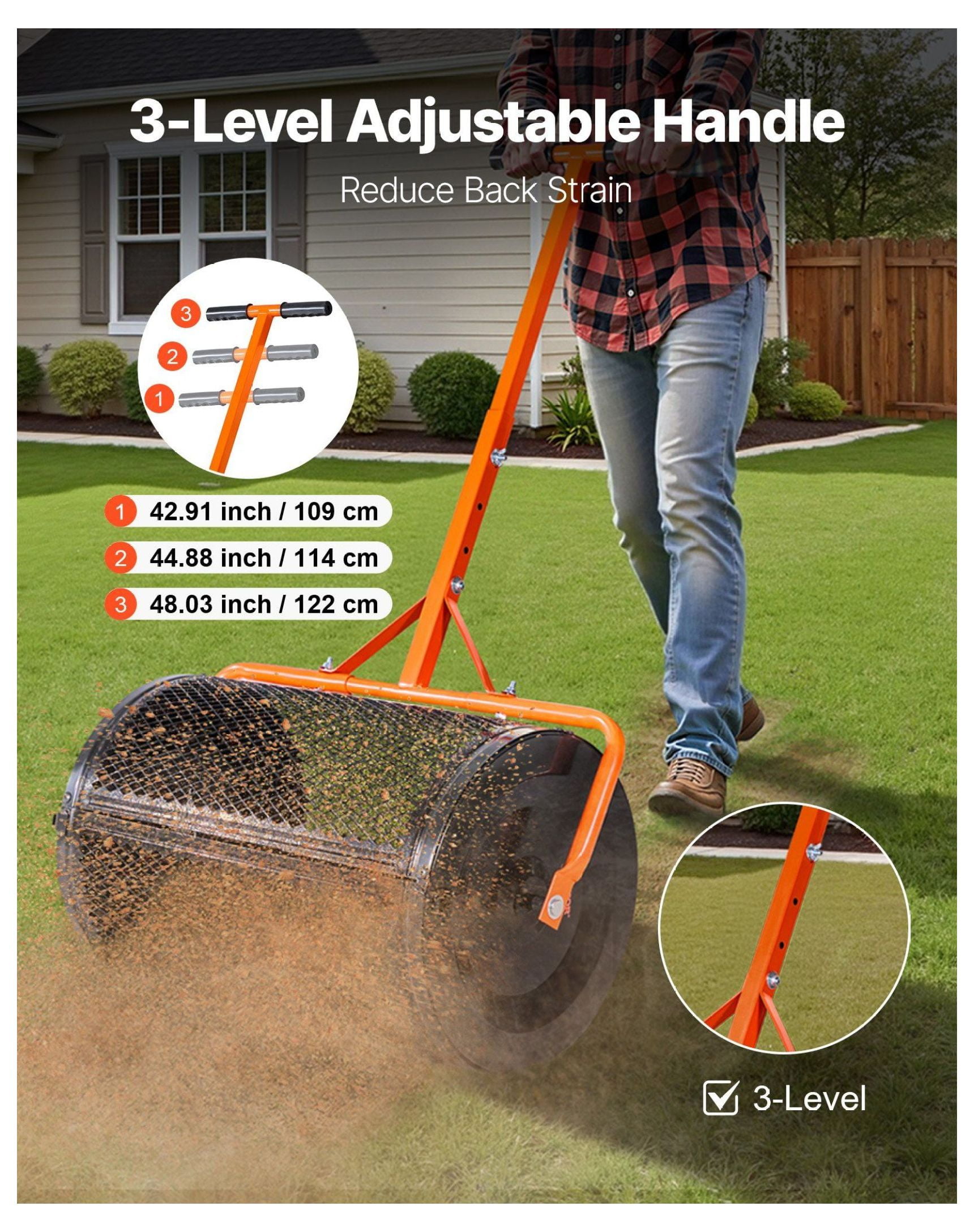 Compost Spreader 24 Inch, Peat Moss Spreader with Adjustable Handle, Heavy Duty Garden Seed Spreader for Lawn & Farm, Steel Roller, 2.66 cu ft Capacity