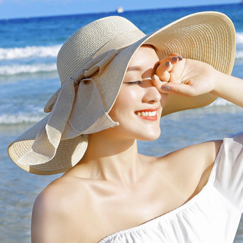 Floppy Foldable Women Straw Beach Sun Summer Hat Caps Beige Wide Brim Latest 