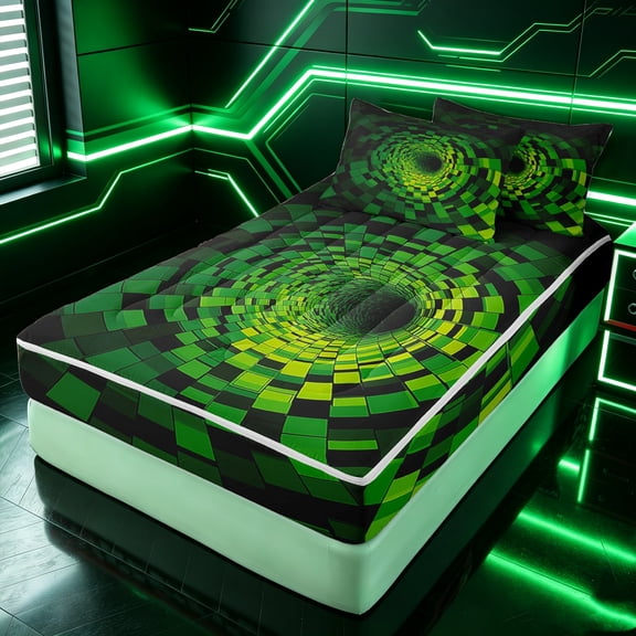 Erosebridal 3D Green Grid Zipper Twin Comforter Sets with Fitted Sheet and 2 Pillowcases for Boys Men, Abstract Square Print Zipper Bedding Set, Black Reversible, 4 Pieces