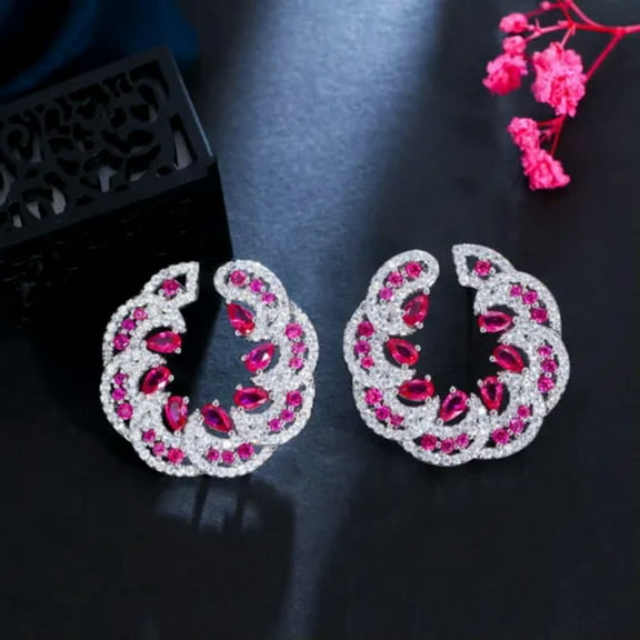 Exquisite Hot Pink Cubic Zircon Circle Twist Tennis Drop Stud Earrings Jewellery