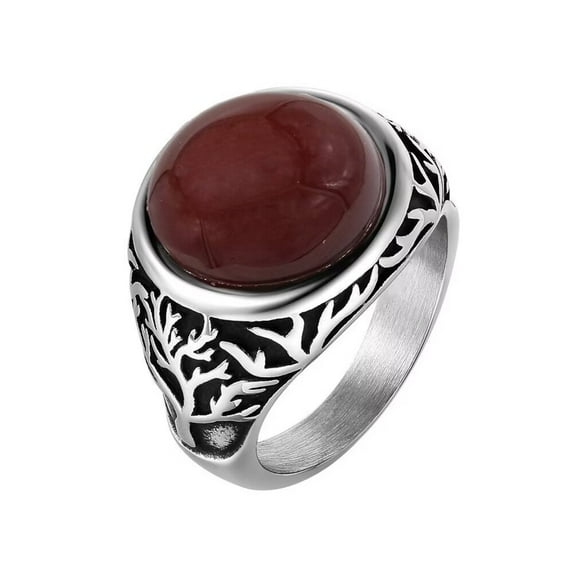 PAMTIER Unisex Stainless Steel Vintage Classic Family Tree of Life Pattern Carved Round Cut Red Gemstone Signet Ring Statement Silver Size 7