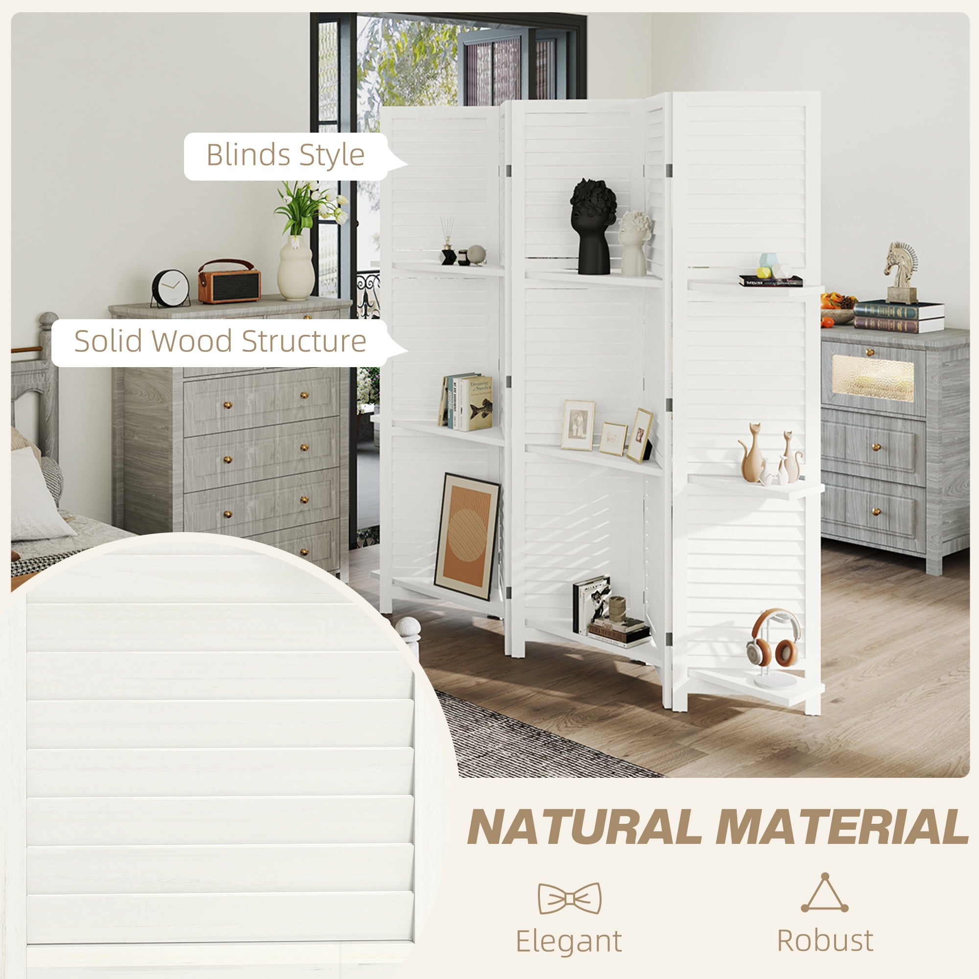 HOMCOM 5 Panel 67" Tall Wood Privacy Screen Room Divider with 3 Display Shelves, and Folding Storage for Bedroom or Home Office, White