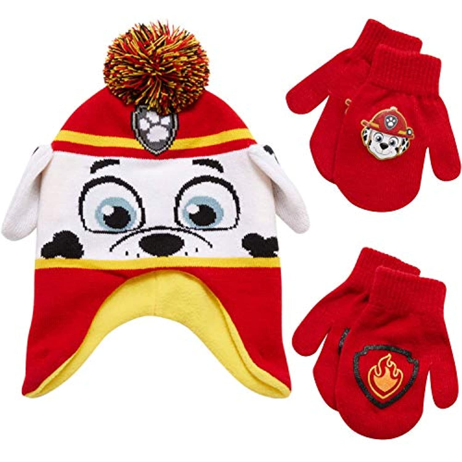 Age 2-7 Nickelodeon Little Boys Paw Patrol Character Hat and 2 Pairs of Mittens or Gloves Cold Weather Set 