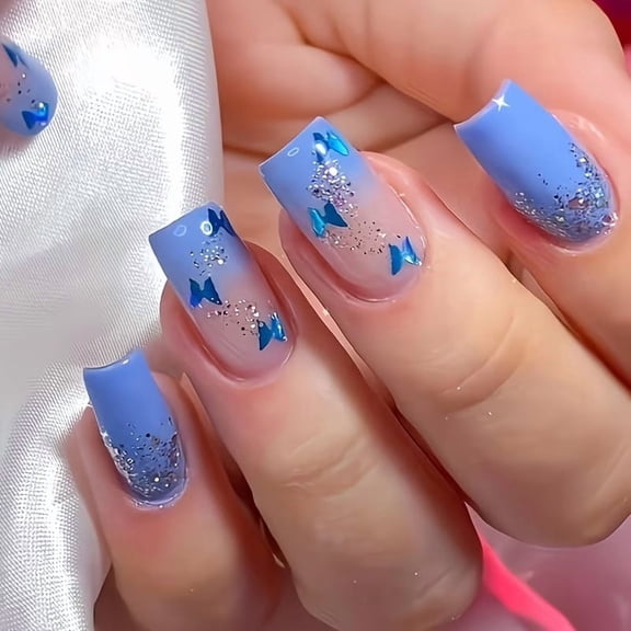Stylish Blue Butterfly Glitter Press on Nails - 24 Reusable Medium Length Square Nail Art for Women