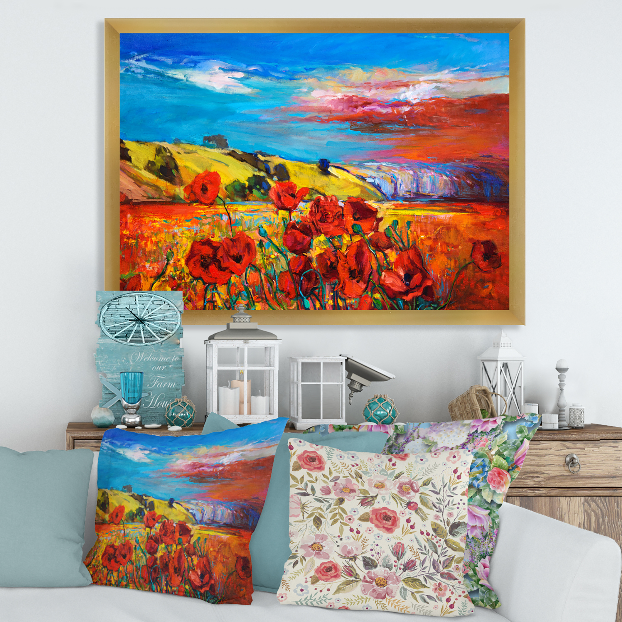 Designart 'Blossomg Red Poppies Under A Blue Sky' Traditional Framed Art Print