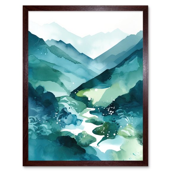 River Trail in the Scottish Highlands Modern Landscape Watercolour Painting Art Print Framed Poster Wall Decor 12x16 inch