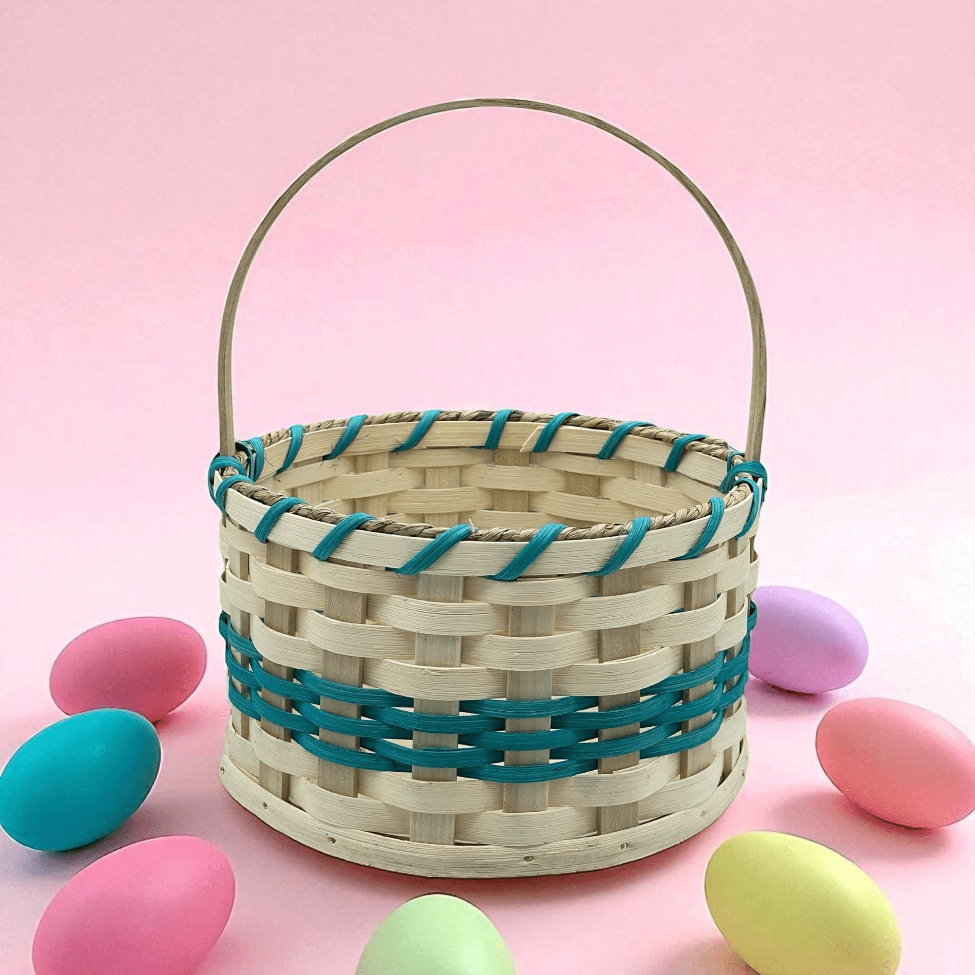 Amish Made Small Easter Basket With Solid Oak Bottom and Handle (Turquoise)