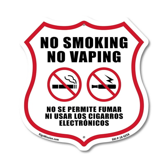 No Smoking No Vaping Bilingual English / Spanish 12 inch X 12 inch Shield-Shaped Rust-Free Aluminum Metal Sign Weather Resistant Made in the USA
