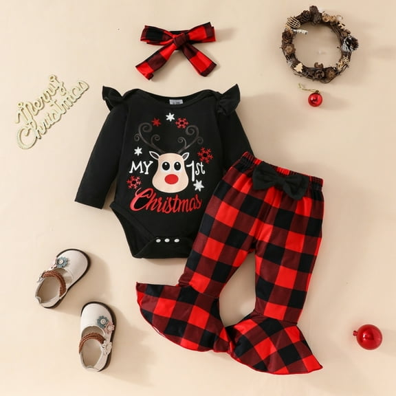 SILVERCELL Girls “Christmas” Letter and Deer Pattern Jumpsuit Plaid Flared Pants Set with Hairband for 0-18M Baby