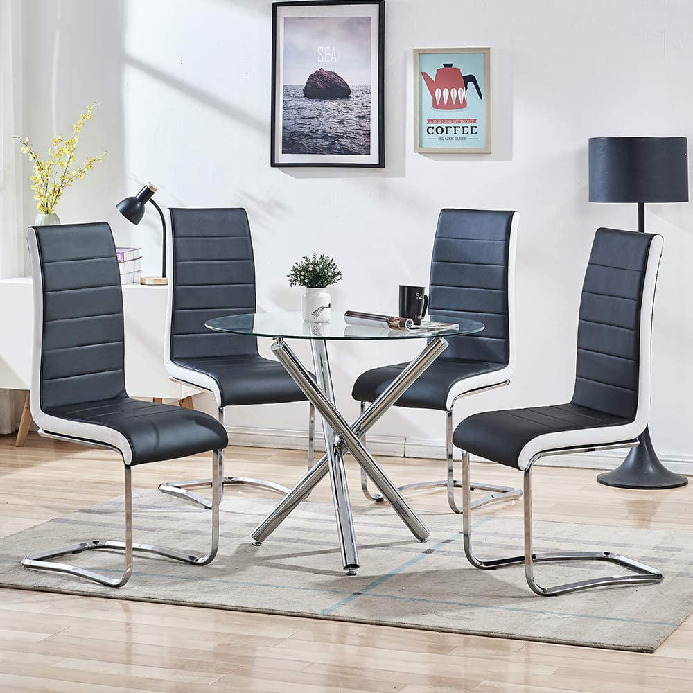 5pcs Modern Round Dining Table Set, Round Dining Table With High Back Chairs