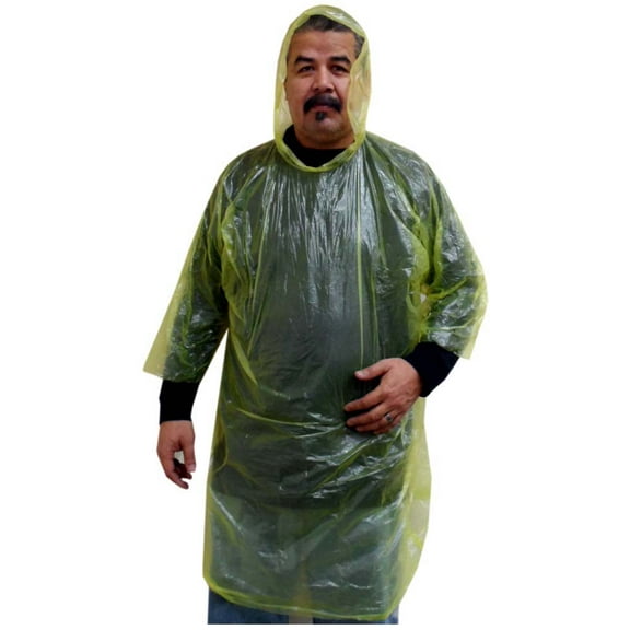 ToolUSA 50" (127 cm) X 80" (203.2 cm) Adult 3 Mil Yellow Rain Poncho | Integrated Hood | High Visibility | Pack of 2 | Portable & Reusable