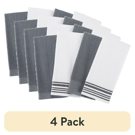(4 pack) Mainstays 4-Pack 16”x26” Woven Kitchen Towel Set, Grey