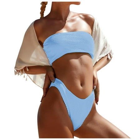 WELOIJEVBE Bandeau Bikini Sets For Women Thong Strapless Swimsuits Tops Thong Bottoms Women s Swimwear Bathing-Suits 2-Piece Swim-Suits 2025 Swimwear Thongs Beachwear Vacation Bikinis