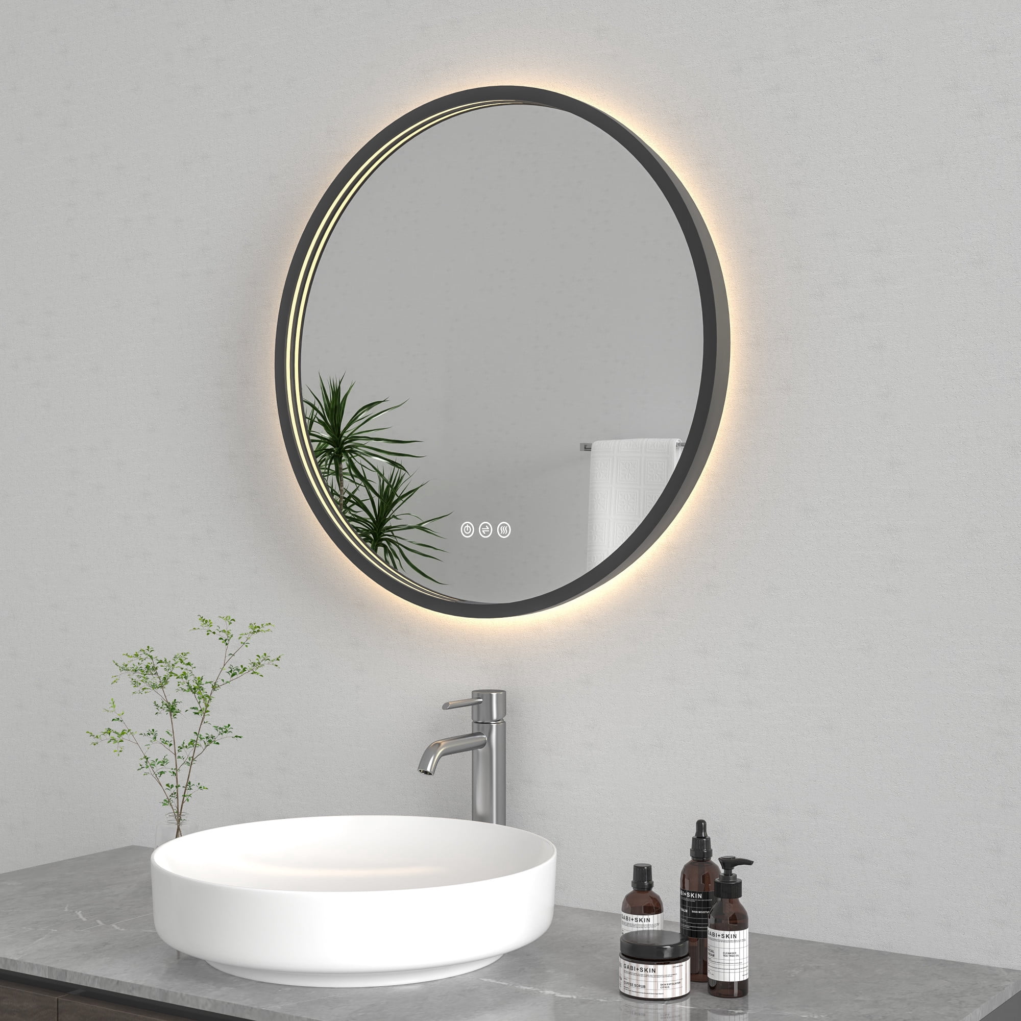 Kingston Brass MR1012424 Aurora 24-Inch Round LED Bathroom Mirror, Front and Back Light, Dimmable Touch Sensor Lighted Mirror in Silver/Gunmetal