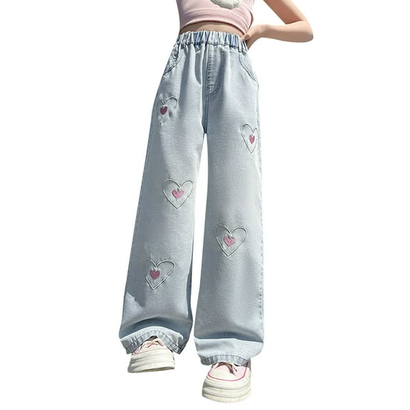 KAUOD Girls Jeans Bow Lace Wide Leg Denim Pants Kids Retro Embroidery Casual Jeans Elastic Waist Straight Fall Bottoms