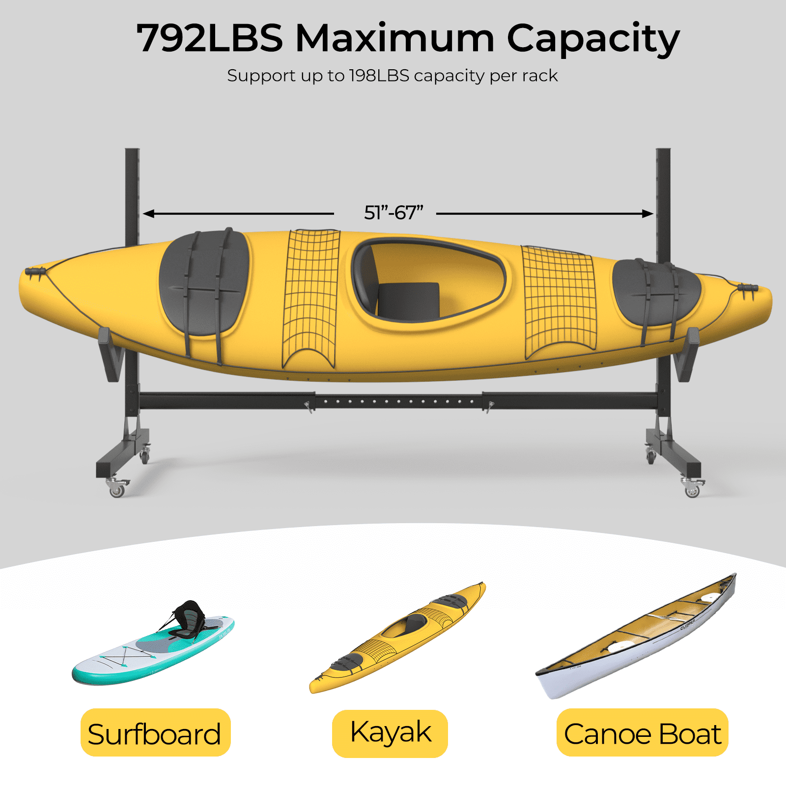 Dovov Freestanding Kayak Storage Rack with Wheels, Indoor Outdoor Adjustable Kayak Rack Heavy Duty Kayak Stand Rolling Canoe Stand, Holds 1 Kayaks, 1 Level