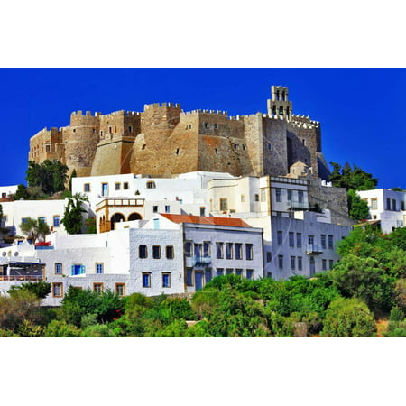 View of Monastery of St.John in Patmos Island, Dodecanese, Greece. Unesco Heritage Site Print Wall Art By