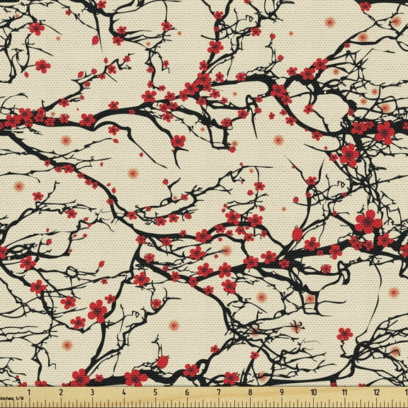 Ambesonne Cherry Blossom Fabric by the Yard Upholstery, Red Flowers Tree, 2 Yards, Beige Scarlet Black