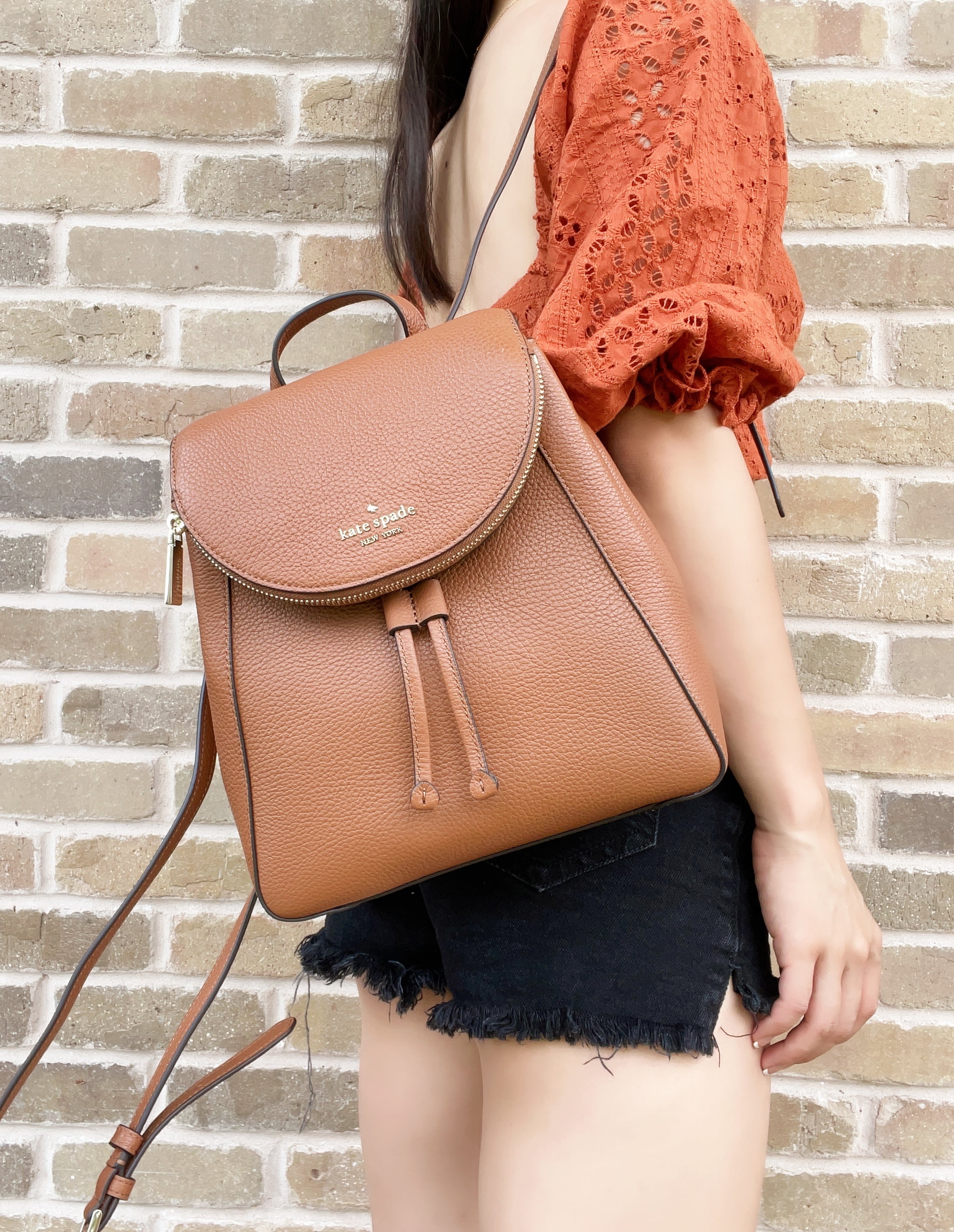 Kate Spade New York Leila Medium Flap Leather Backpack Warm Gingerbread  Brown 