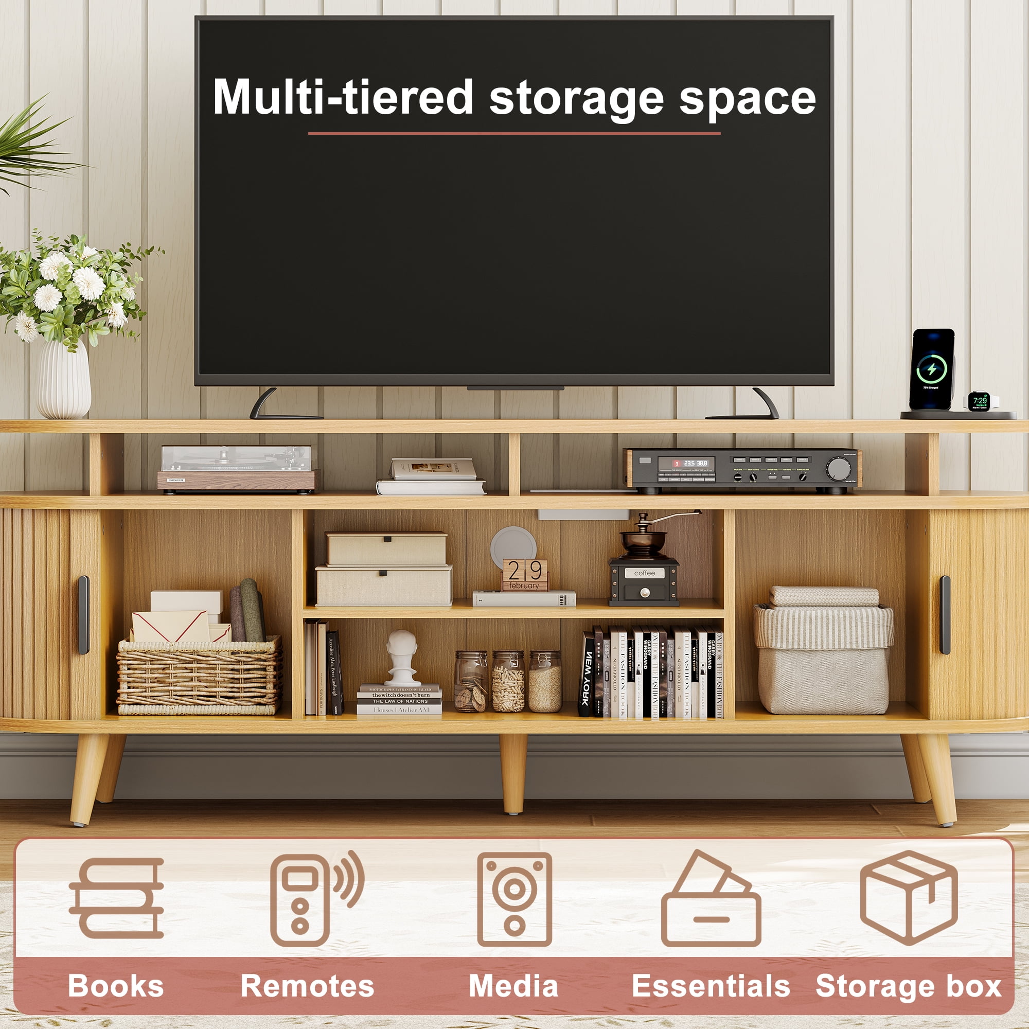 GUNAITO TV Stand for TVs up to 70", Wood TV Stand for Living Room with LED Lights , Entertainment Center with Storage and Shelves, Natural wood