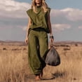 thumbnail image 3 of Idoravan Women Sleeveless Mock Neck Western Style Loose Wide Leg Pants Solid Color Casual 2 Piece Set, 3 of 6