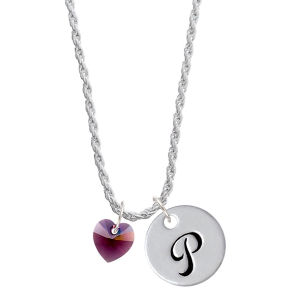 Delight Jewelry Purple Crystal Heart Silvertone Script Initial Disc - P - Charm Necklace, 20"+3"
