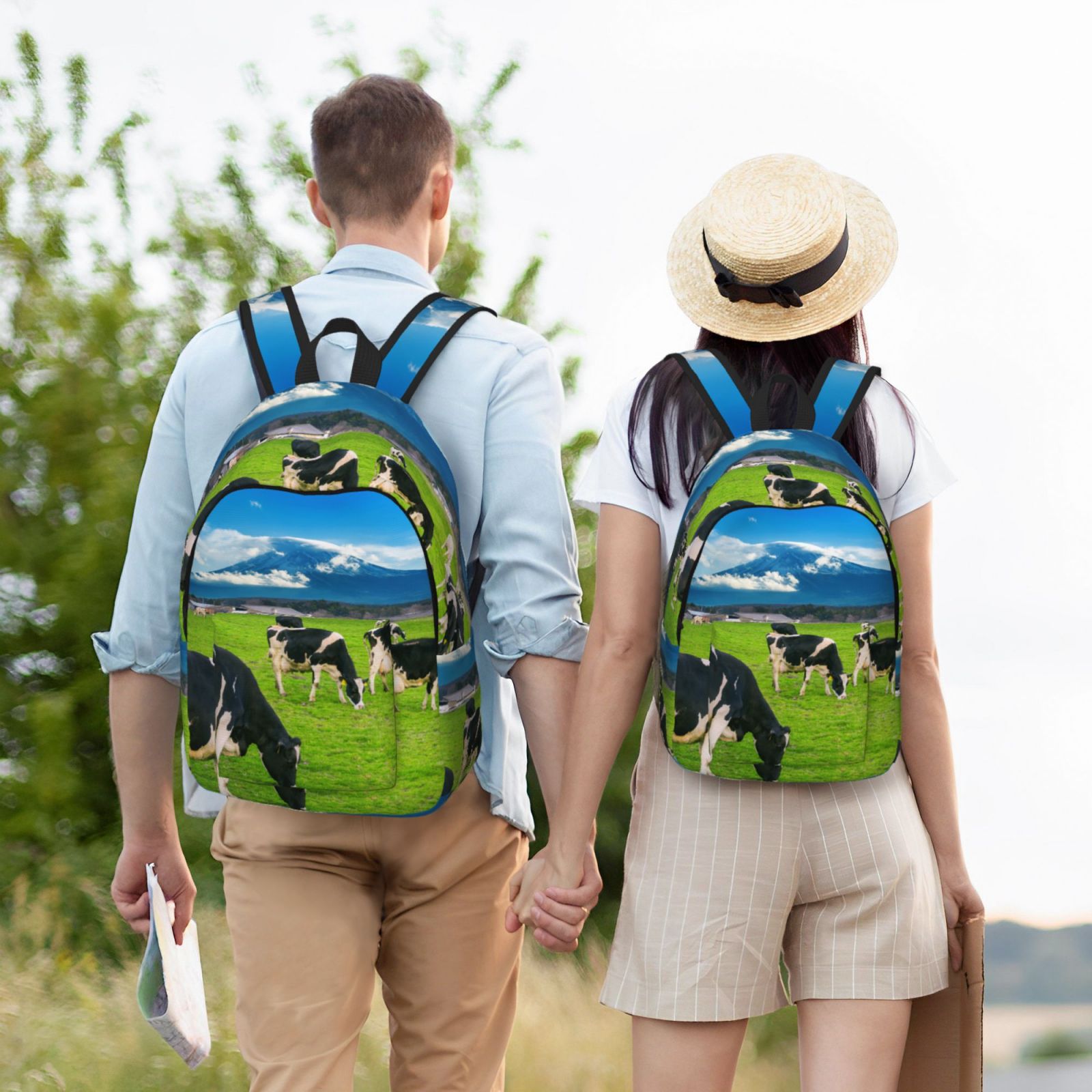 Vsdgher Grazing Cows Mountain View Print Canvas Backpack Travel Rucksack Unisex Knapsack 15.7/17.7Inch Laptop Backpack for Work,College -Medium